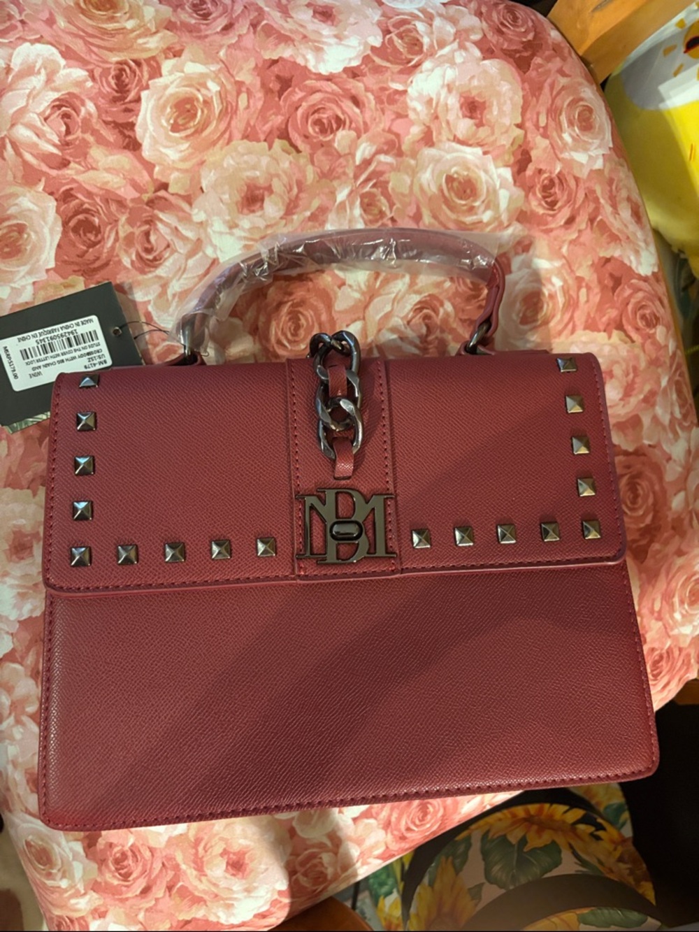 Badgley Mischka burgundy studded top-handle satchel